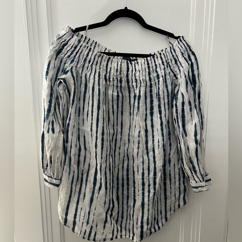 Polo Ralph Lauren Off the Shoulder Stripe Linen Blend Blouse